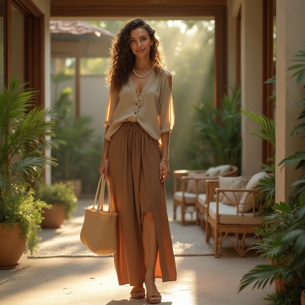 Prompt: Elegant lady, 30s, curly brown hair, minimal makeup, pearl necklace, earthy tone blouse, high-waisted maxi skirt, leather sandals, holding a reusable tote bag, standing in a luxurious villa, surrounded by lush greenery, large windows, natural stone walls, wooden accents, potted plants, rattan furniture, wicker basket, soft warm lighting, afternoon sunbeams streaming through the windows, serene atmosphere, 3/4 composition, shallow depth of field.