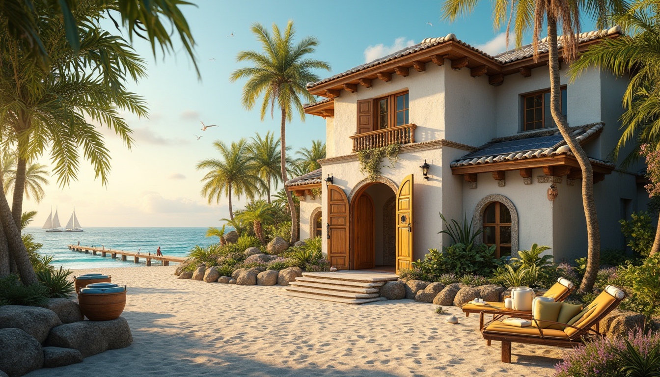 Prompt: Renaissance style beachside villa, sustainable practices, eco-friendly, recycling bins, solar panels, green roofs, wind turbines, wooden dock, ocean views, sunrise, warm golden light, gentle sea breeze, palm trees swaying, seagulls flying overhead, sailboats in the distance, sandy beach, driftwood sculptures, shell decorations, vintage nautical ropes, distressed wood accents, soft pastel colors, natural textures, ornate stone carvings, grand entrance with wooden doors, intricate metalwork, lush greenery, blooming flowers, serene atmosphere, panoramic view, warm lighting, cinematic composition.