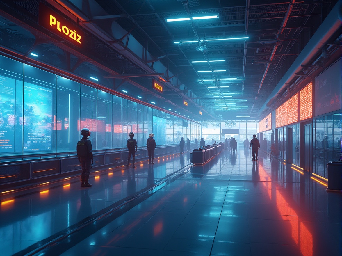 Prompt: Futuristic airport terminal, sleek, modern, neon lights, holographic advertisements, transparent glass walls, steel beams, minimalist chairs, futuristic escalators, spherical robots assisting passengers, holographic flight schedules, digital ticketing systems, atmospheric fog effects, evening twilight ambiance, 3/4 composition, wide-angle shot, cinematic lighting, soft focus, vibrant colors, retro-futuristic aesthetic.