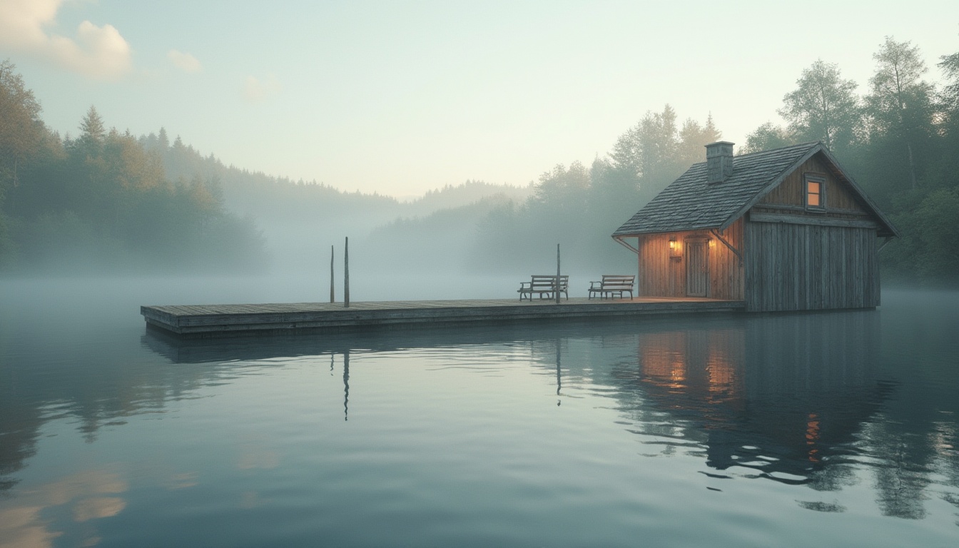 Prompt: Gray boathouse, serene lake, misty morning, wooden dock, calm water reflection, lush greenery surroundings, few puffy clouds, warm soft lighting, subtle gradient texture, horizontal composition, peaceful atmosphere, nature-inspired design, rustic wood accents, cozy interior, nautical theme, minimal decor.