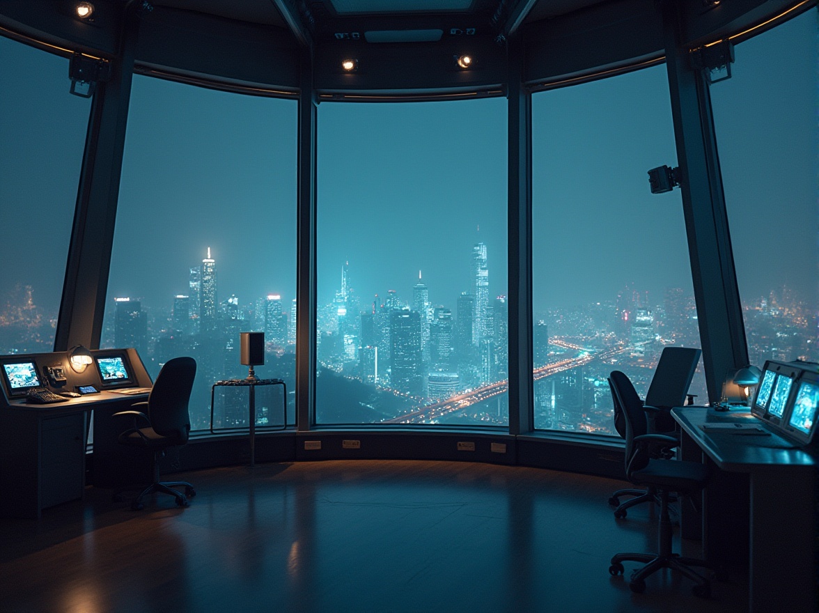 Prompt: Watching tower, futuristic, sleek design, steel beams, glass walls, minimal decor, modern furniture, ergonomic chairs, wooden floors, panoramic view, cityscape, skyscrapers, night scene, neon lights, ambient lighting, 3/4 composition, cinematic angle, dramatic shadows, misty atmosphere, high-tech gadgets, security cameras, control panels, LED screens, minimalist aesthetic.