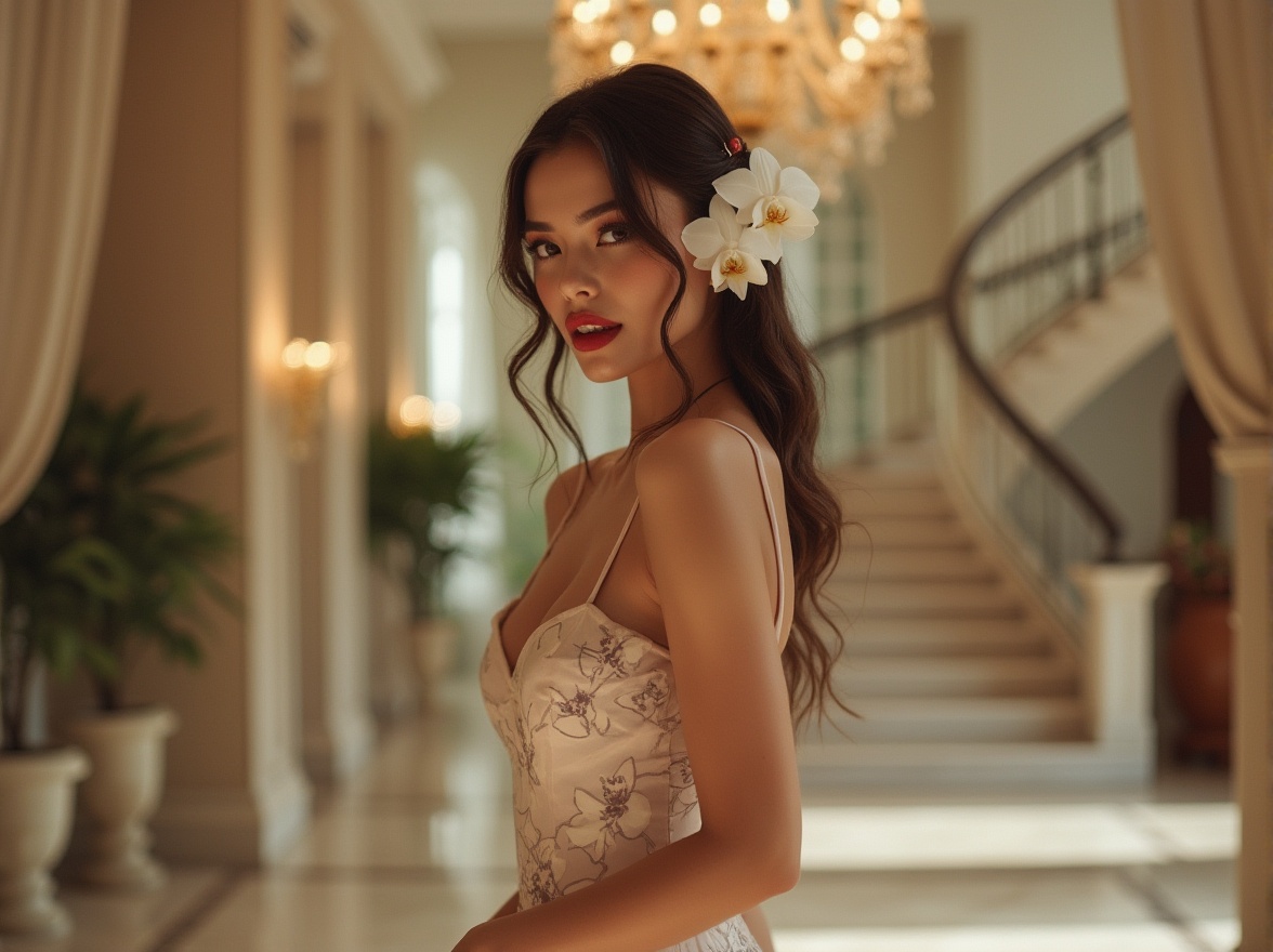 Prompt: Modernist woman, standing, elegant posture, white orchid hair clip, bold red lips, smoky eyes, slender neck, low-cut dress with orchid pattern, silky texture, flowing train, high heels, luxurious villa, modern architecture, marble floor, grand staircase, ornate chandelier, warm lighting, shallow depth of field, cinematic composition, 3/4 view, soft focus, vibrant color palette.