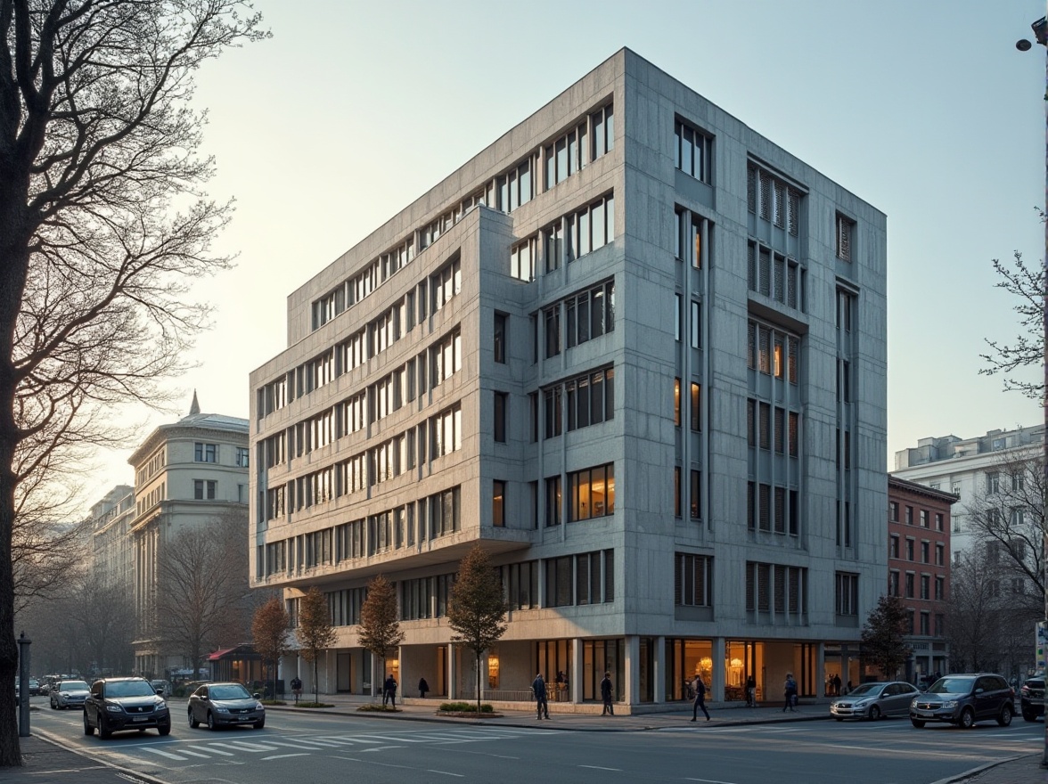 Prompt: Bauhaus style, timeless design philosophy, modernist architecture, rectangular building, clean lines, minimal ornamentation, functionality emphasized, steel frames, large windows, functional simplicity, industrial materials, urban setting, cityscape, metropolitan atmosphere, afternoon sunlight, soft shadows, 3/4 composition, natural light, neutral color palette, brutalist elements.