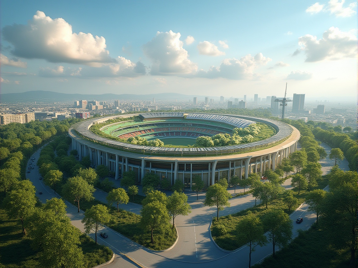 Prompt: Sustainable stadium, modern architecture, green roof, solar panels, recyclable materials, natural ventilation, rainwater harvesting system, energy-efficient lighting, eco-friendly seating, lush greenery surroundings, trees, flower beds, pedestrian path, cyclist route, urban landscape, cityscape, blue sky, fluffy white clouds, dramatic afternoon light, wide-angle shot, cinematic composition.