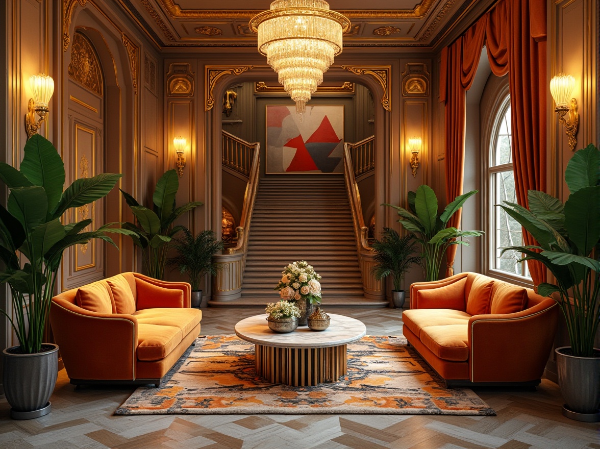 Prompt: Luxurious interior, Art Deco style, golden geometric patterns, ornate mirrors, crystal chandelier, velvet sofas, marble coffee table, lush green plants, bold colorful artwork, sleek wooden cabinets, metallic accents, intricate moldings, grand staircase, high ceilings, lavish drapery, opulent atmosphere, warm soft lighting, 3/4 composition, shallow depth of field.