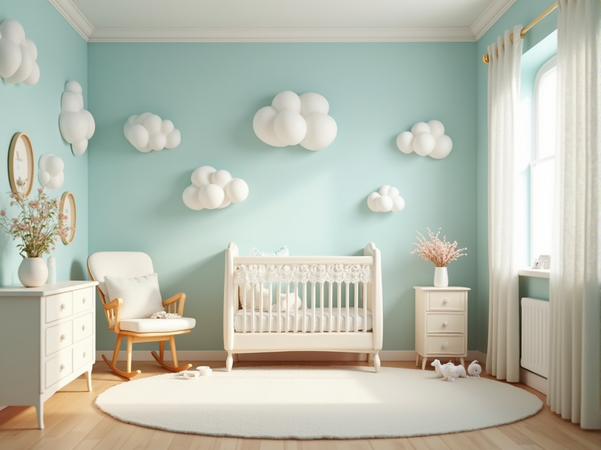 Prompt: Soothing nursery, baby blue walls, soft cream-colored furniture, fluffy white clouds painted on ceiling, gentle morning light, warm beige carpet, adorable crib with delicate lace curtains, few toys scattered around, a rocking chair in corner, a vase with pale pink flowers, serene ambiance, shallow depth of field, peaceful atmosphere, pastel colors, calm composition, soft focus, natural light.