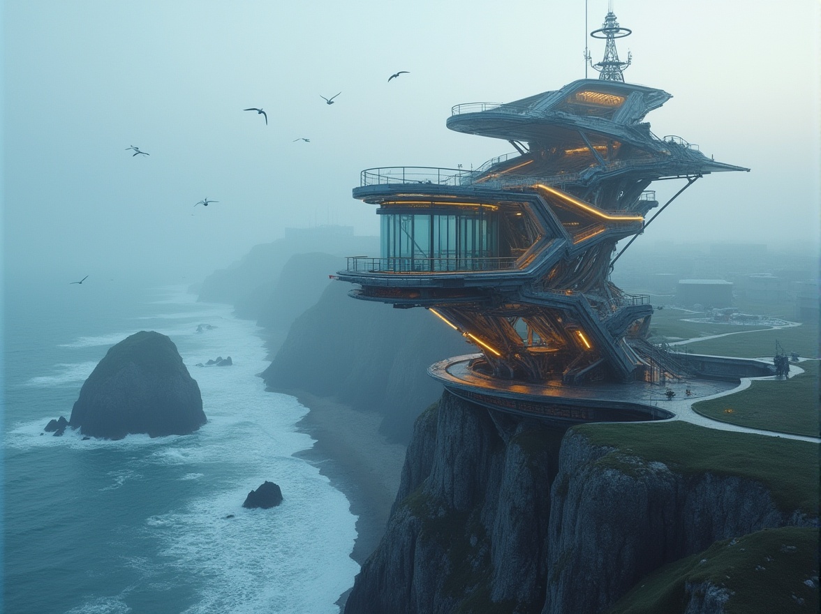 Prompt: Futuristic coastal watching tower, modern sleek design, metallic latticework structure, glass panoramic viewing deck, spiral staircase, LED lighting strips, radar system on top, solar panels, wind turbines, sustainable energy, ocean-inspired architecture, seaside cliffs, misty morning atmosphere, seagulls flying overhead, waves crashing against the shore, 3/4 composition, aerial view, drone shot, cinematic lighting, futuristic ambiance.