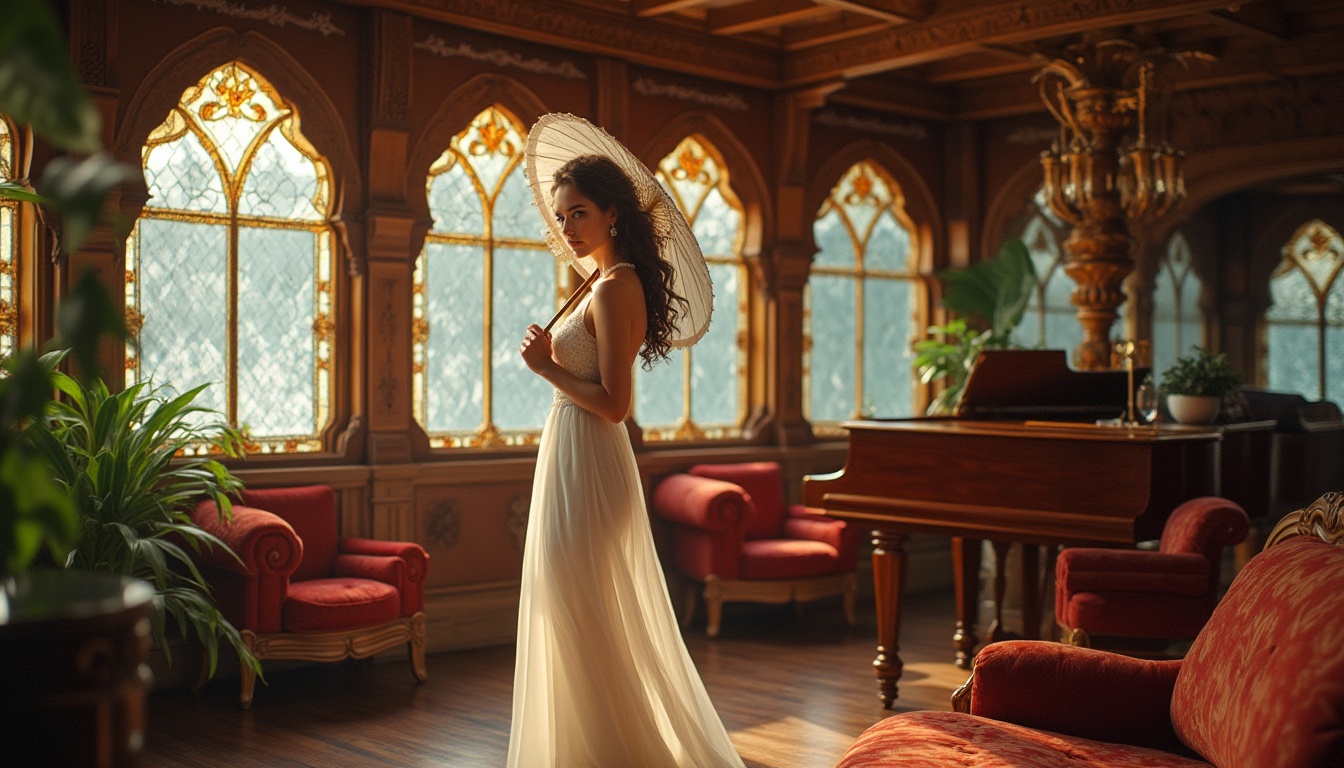 Prompt: Art Nouveau boathouse, luxurious interior, elegant lady, 25yo, curly brown hair, pearl necklace, flowing white dress, holding parasol, standing near grand piano, intricately carved wooden paneling, stained glass windows, ornate metal fixtures, plush velvet sofas, exotic plants, natural lighting, warm atmosphere, 3/4 composition, soft focus, shallow depth of field, Impressionist style, dreamy ambiance.