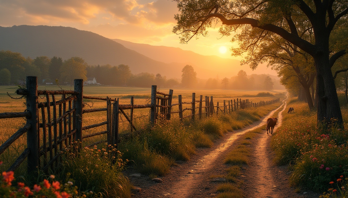 Prompt: Rural landscape, sunset time, rustic wooden fence, overgrown wheat fields, old oak trees, twisted vines, worn dirt path, vintage metal gate, lazy cows grazing, wildflowers blooming in vibrant colors, distant misty mountains, soft warm lighting, cinematic composition, 3/4 view, shallow depth of field, natural texture, earthy tone, peaceful atmosphere.