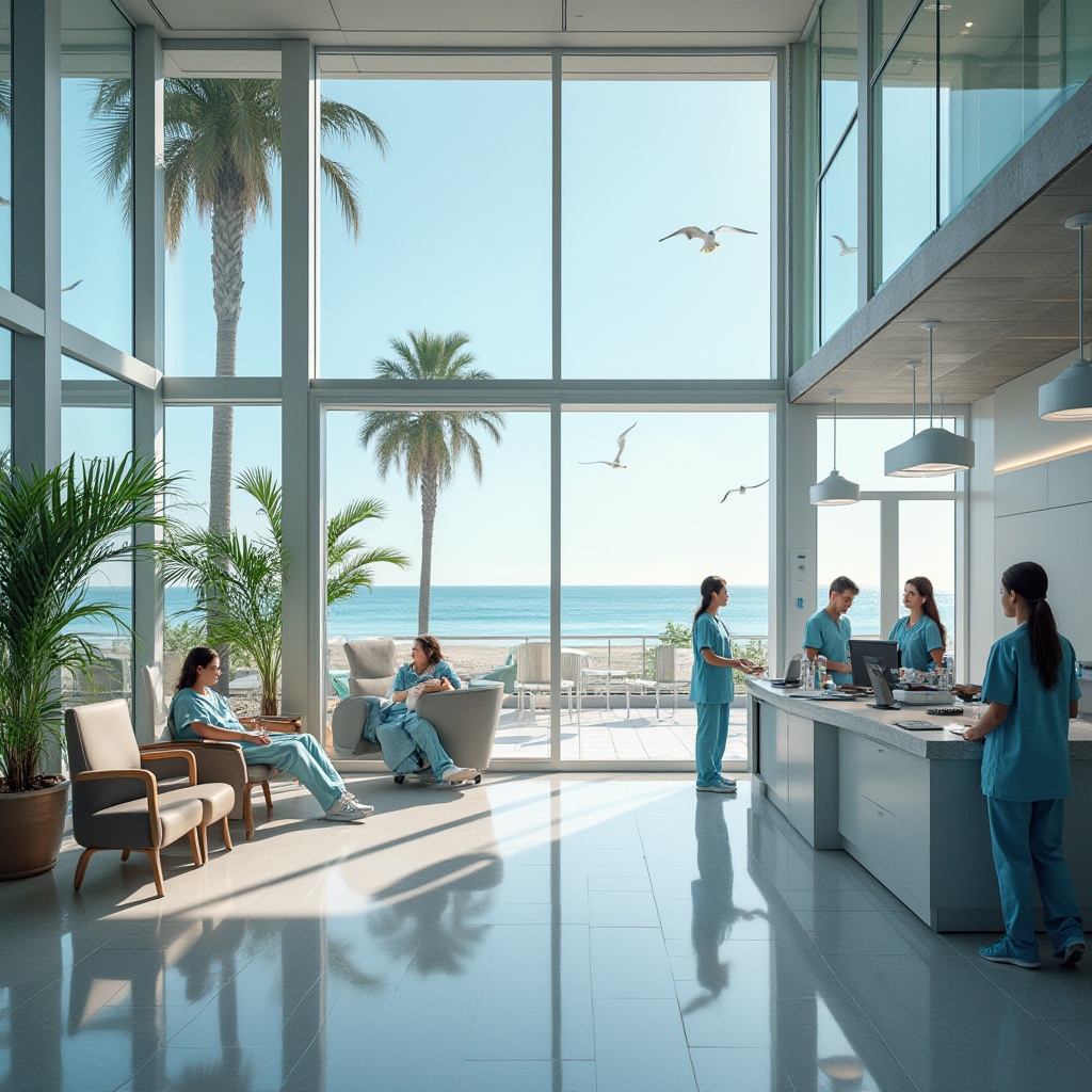 Prompt: Modern healthcare center, coastal area, successful case studies, glass facade, steel structure, minimalist interior design, white walls, wooden floors, comfortable waiting areas, natural light pouring in, medical equipment, doctors and nurses in scrubs, patients recovering, ocean views, beachside location, palm trees surrounding, seagulls flying overhead, sunny day, blue sky, gentle sea breeze, ambient lighting, 3/4 composition, cinematic feel.