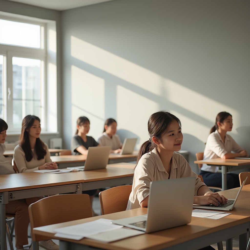 Prompt: Light gray wall, minimalist school interior, natural light pouring through large windows, students sitting at wooden desks, laptops open, subtle shadows on faces, gentle facial expressions, casual clothing, relaxed postures, soft focus, warm atmosphere, shallow depth of field, calm ambiance, 3/4 composition, softbox lighting, creamy texture, smooth lines, modern architecture, educational setting.