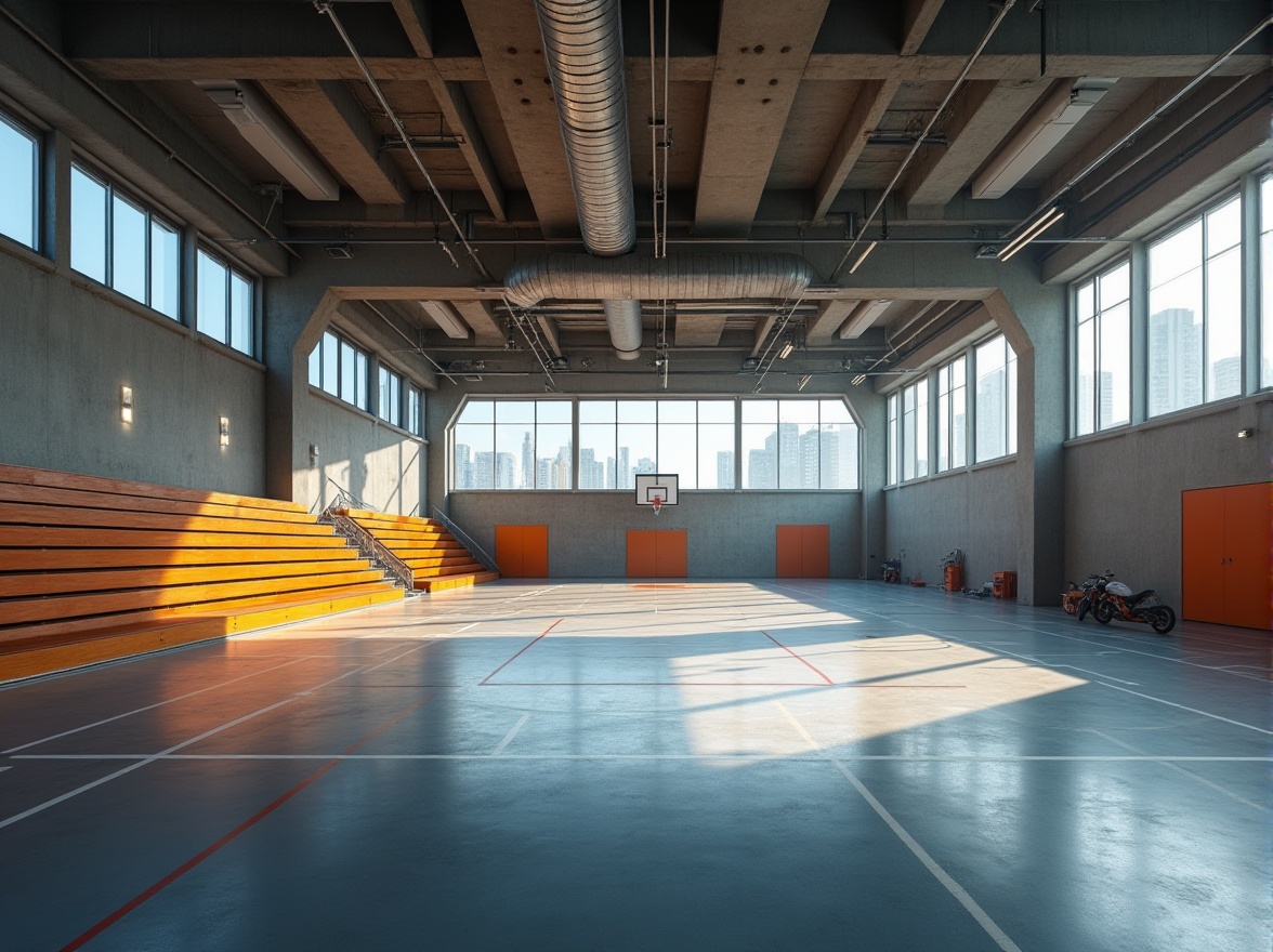 Prompt: Modern gymnasium interior, plastered concrete walls, polished concrete floor, high ceiling with exposed ductwork, rows of sleek wooden bleachers, overhead track lights, basketball hoops, large windows with natural light, urban cityscape outside, subtle ambient lighting, dramatic shadows, strong geometric lines, minimalist aesthetic, athletic equipment scattered around, vibrant color accents, dynamic composition, low-angle shot.