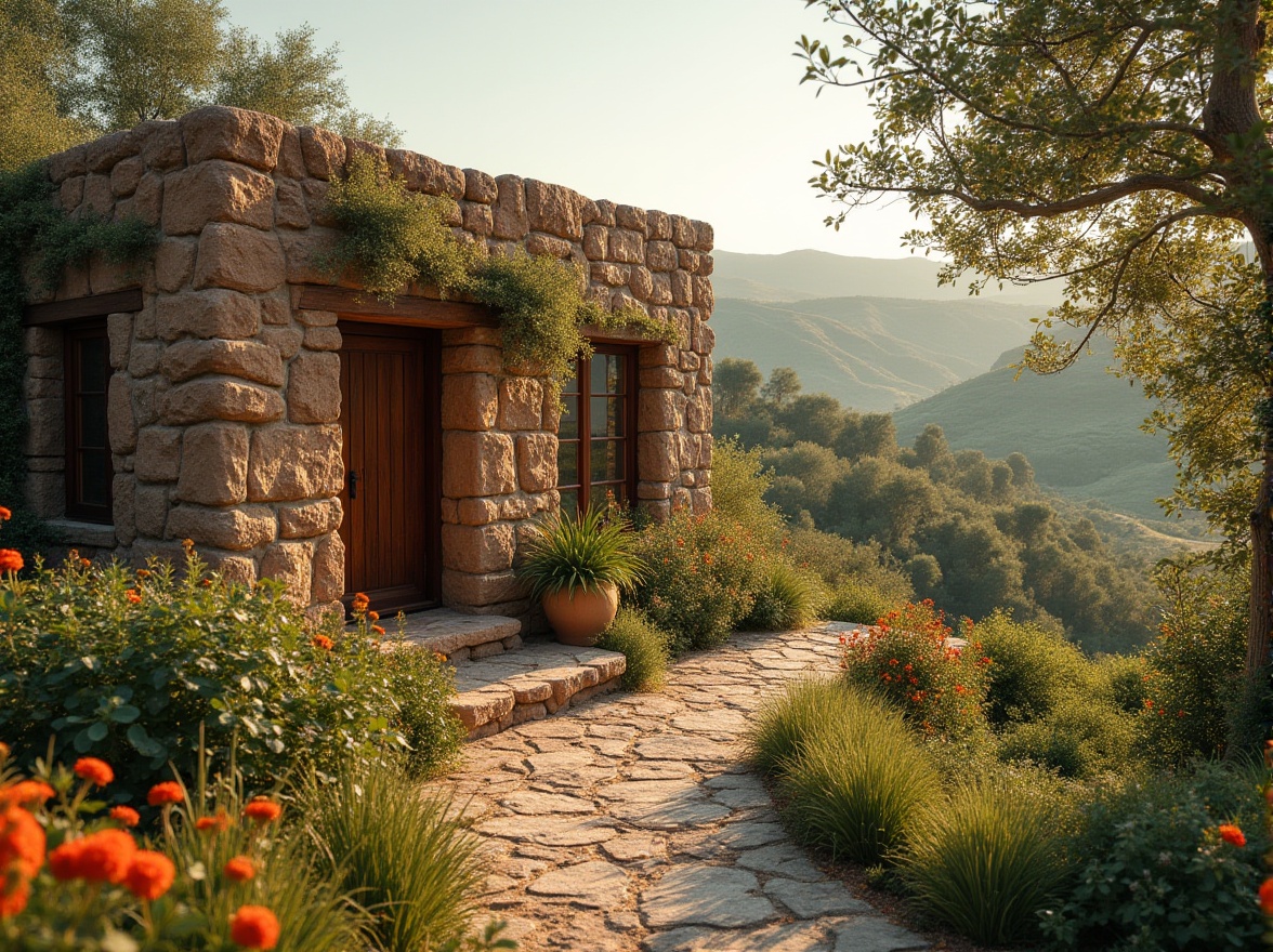 Prompt: Natural, rustic rammed earth material, building exterior, villa, residential area, countryside, greenery surroundings, flowers blooming, wooden door, stone pathway, warm lighting, afternoon sun, soft shadows, organic texture, earthy tone, natural landscape, rolling hills, serene atmosphere, peaceful ambiance, 3/4 composition, shallow depth of field.