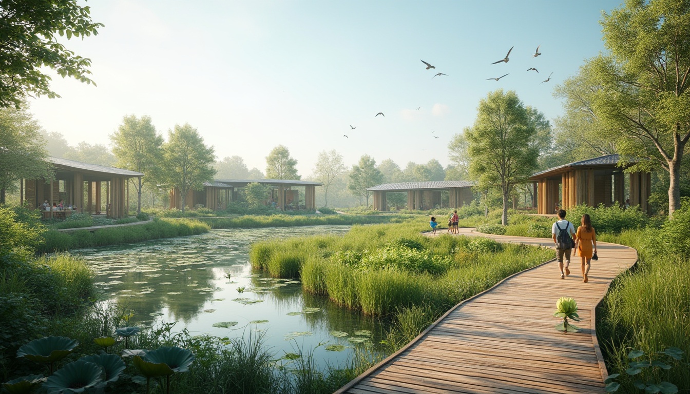 Prompt: Ecological wetland, sustainable design, natural habitat, serene atmosphere, lush greenery, native plants, water lilies, cattails, birds flying overhead, wooden boardwalk, winding path, educational signs, recycled materials, solar panels, energy-efficient lighting, rainwater harvesting system, composting toilets, eco-friendly buildings, minimalist architecture, vast open space, natural light, airy atmosphere, panoramic view, 3/4 composition, soft focus, warm color tone.