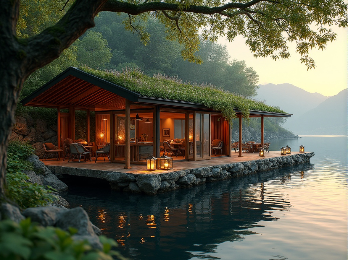 Prompt: Waterfront boathouse, blending seamlessly into lush surroundings, overhanging trees with vines, wooden pillars, natural stone foundation, green roof with wildflowers, large windows, sliding glass doors, outdoor seating area, lanterns, warm lighting, sunset view, calm lake water, ripples on the surface, distant misty mountains, peaceful atmosphere, soft focus, shallow depth of field, cinematic composition.