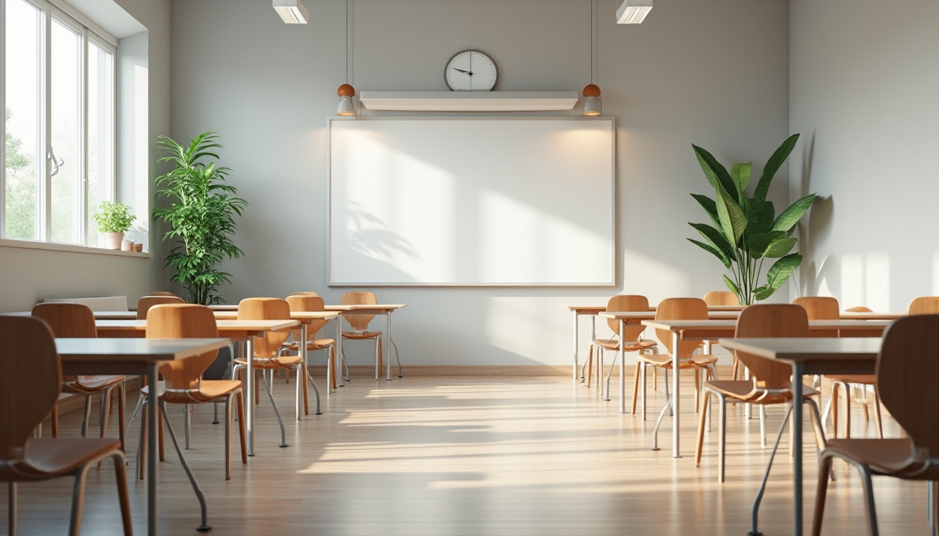 Prompt: Light gray walls, modern school interior, calm atmosphere, soft natural light, wooden desks, ergonomic chairs, minimalist decorations, green plants, subtle texture, gentle shadows, 3/4 composition, panoramic view, warm and soft ambient lighting.