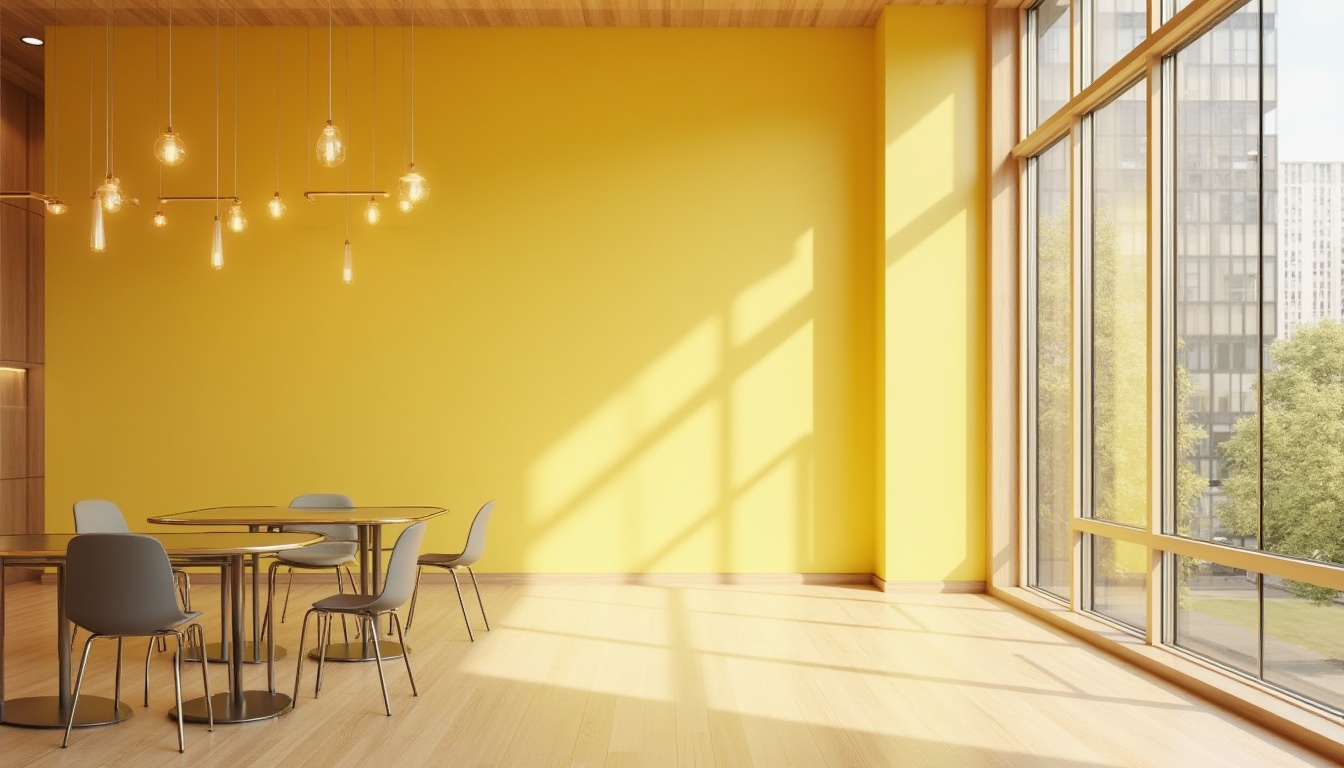 Prompt: Light yellow walls, commercial space, modern minimalist interior design, bright and airy atmosphere, floor-to-ceiling windows, wooden flooring, sleek metal chairs, glass tables, warm tone light fixtures, subtle shadows, 3/4 composition, natural lighting, daytime scene, office building, urban cityscape background, soft focus, shallow depth of field.