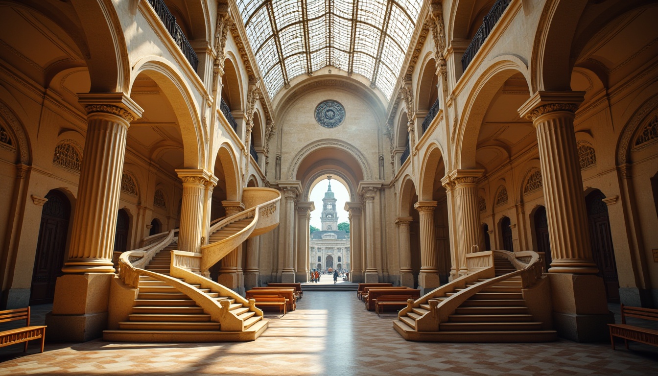 Prompt: Historic courthouse, fusion architecture, grand entrance, ornate columns, stained glass ceiling, spiral staircase, intricate carvings, wooden benches, solemn atmosphere, natural light pouring through skylights, warm beige walls, majestic clock tower, Gothic Revival style, imposing stone façade, vibrant urban surroundings, city hall, bustling streets, people walking in the distance, soft afternoon sunlight, cinematic composition, 3/4 view.