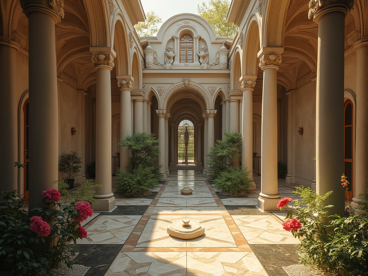 Prompt: Modern Renaissance architecture, grand villa, luxurious mansion, ornate decorations, concrete structure, rough texture, stone-like pattern, majestic entrance, high ceilings, marble floors, intricate columns, ornate moldings, soft golden lighting, warm ambient atmosphere, afternoon sunbeams, shallow depth of field, cinematic composition, symmetrical framing, Renaissance-inspired fountain, lush greenery surroundings, blooming flowers, subtle water features.