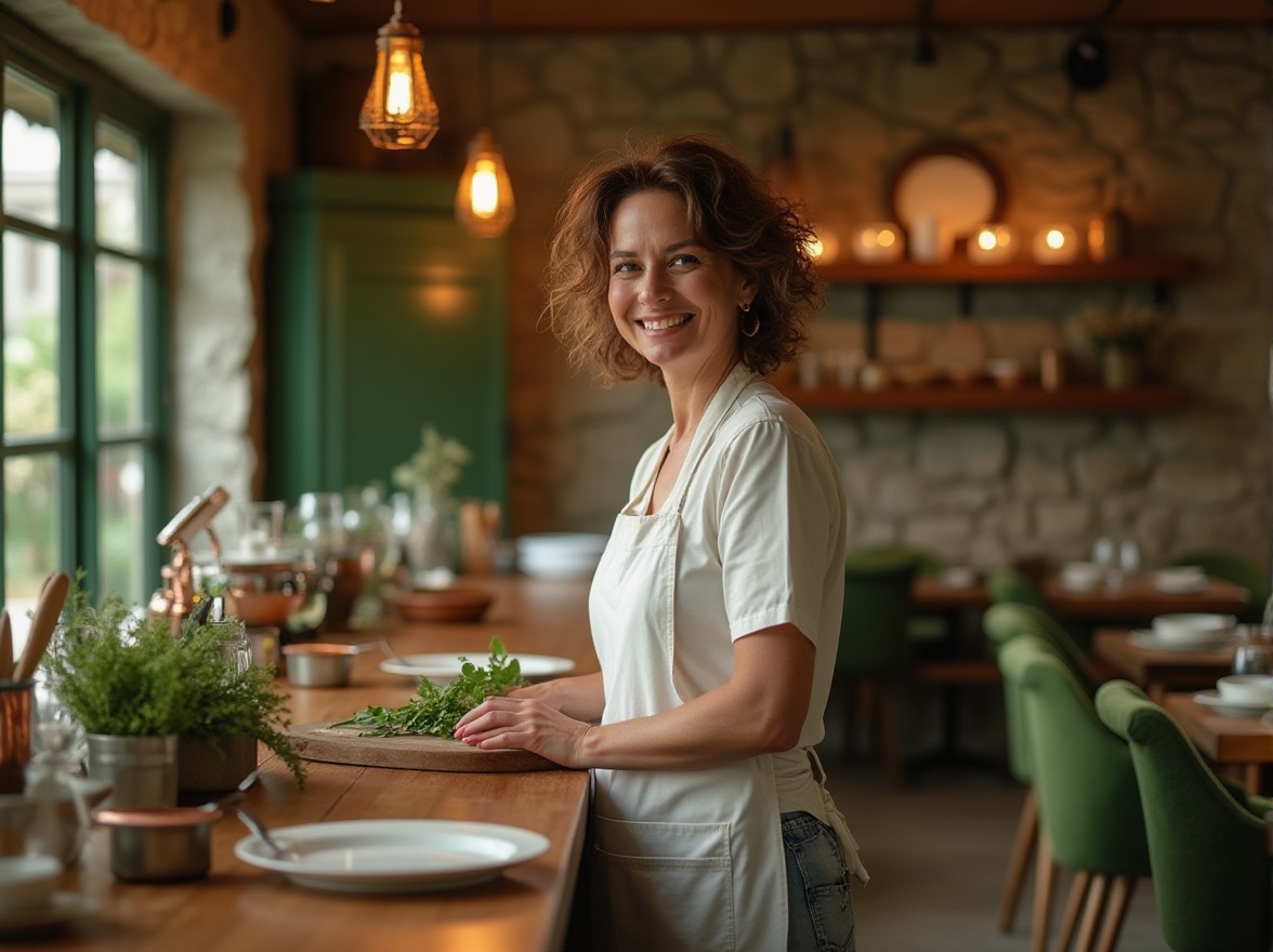 Prompt: Olive green themed restaurant, luxurious interior, mature lady chef, curly brown hair, warm smile, white apron, standing near kitchen island, preparing dishes, wooden cutting board, fresh herbs, copper utensils, natural stone wall, rustic wooden tables, olive green velvet chairs, vintage pendant lamps, warm soft lighting, afternoon ambiance, 3/4 composition, shallow depth of field, warm color tone, cozy atmosphere, elegant dinnerware, fine dining experience.