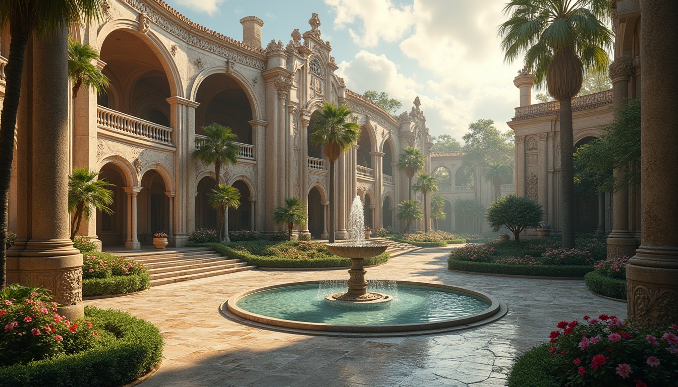 Prompt: Modern Renaissance inspired architecture, grand villa, ornate concrete structures, intricate stone carvings, majestic columns, sweeping arches, luxurious courtyard, lush greenery, vibrant flowers, tranquil fountain, soft warm lighting, afternoon sunbeams, dramatic shadows, 3/4 composition, low-angle shot, cinematic atmosphere, highly detailed textures.