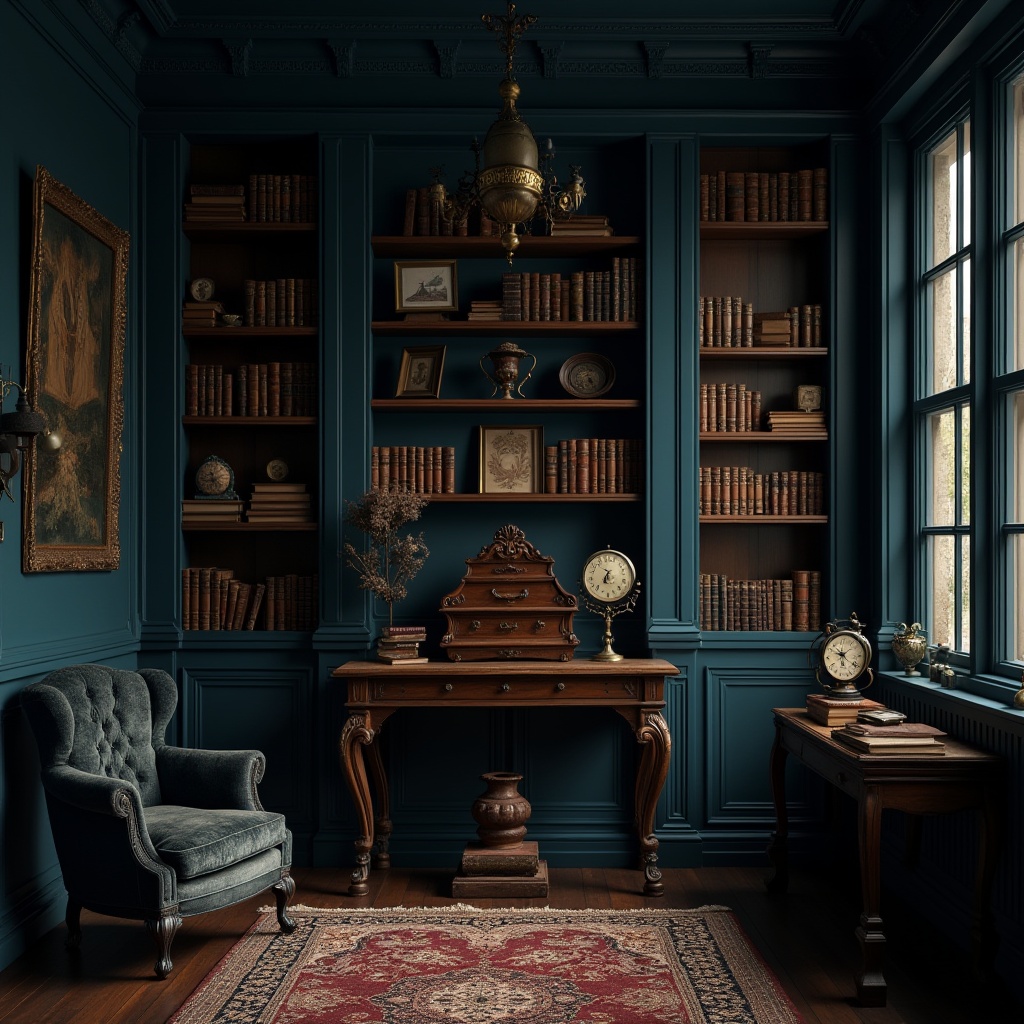 Prompt: Dark academic interior, Prussian blue walls, vintage wooden shelves, ornate golden frames, mysterious dim lighting, leather-bound books, antique clock, worn velvet armchair, intricate Persian rug, subtle texture, detailed wood grain, warm ambiance, soft focus, shallow depth of field, cinematic composition.