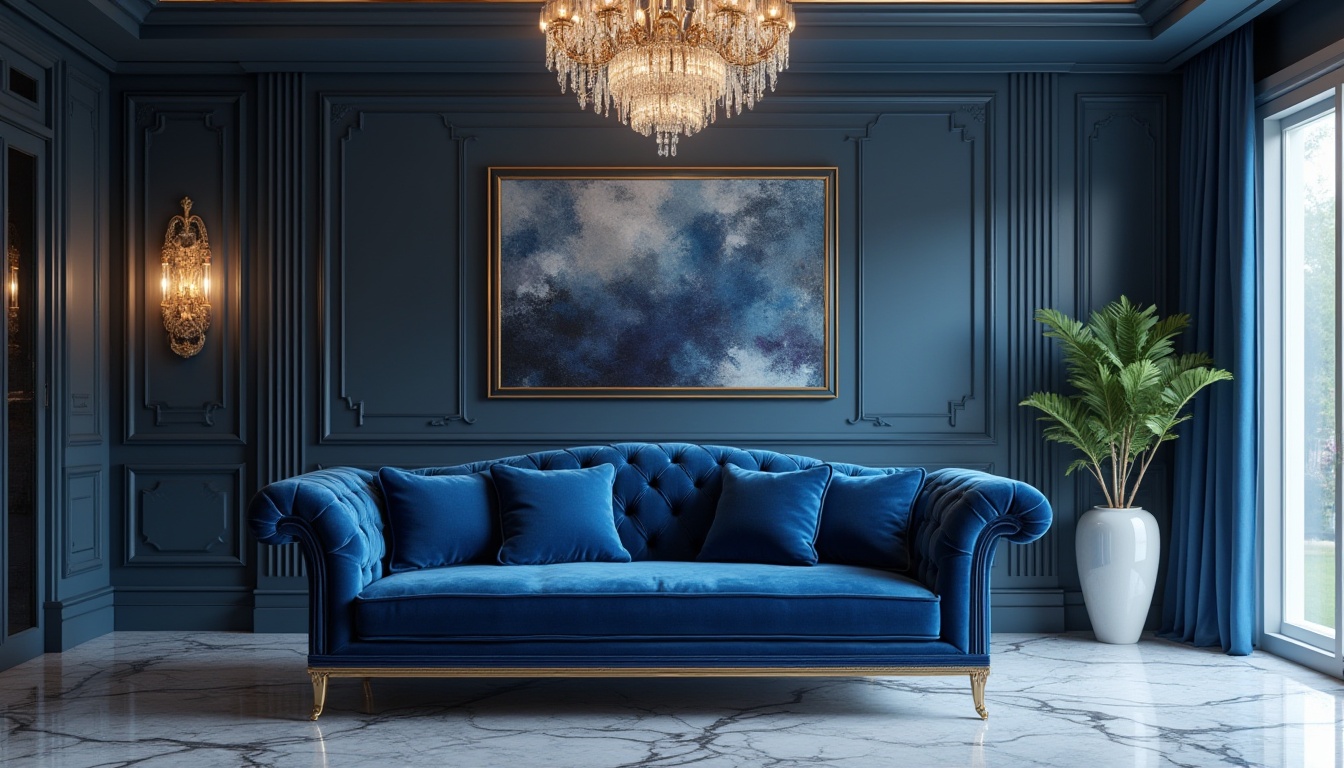 Prompt: Sapphire blue, luxurious interior design, modern living room, velvet sofa, golden frame, crystal chandelier, marble floor, abstract artwork, ornate mirror, ambient lighting, 3/4 composition, shallow depth of field, elegant atmosphere, cinematic mood, high-end materials, rich textures.