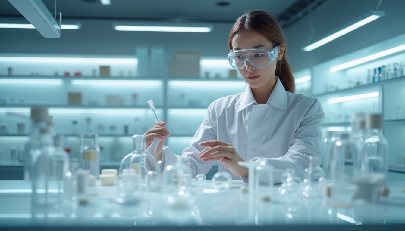 Prompt: Modern design, futuristic laboratory, plastic material samples, various shapes, transparent acrylic tables, sleek metal shelves, minimalistic background, softbox lighting, shallow depth of field, modern architect, lab coat, safety goggles, holding plastic tube, examining, close-up shot, 3/4 composition, high-key lighting.