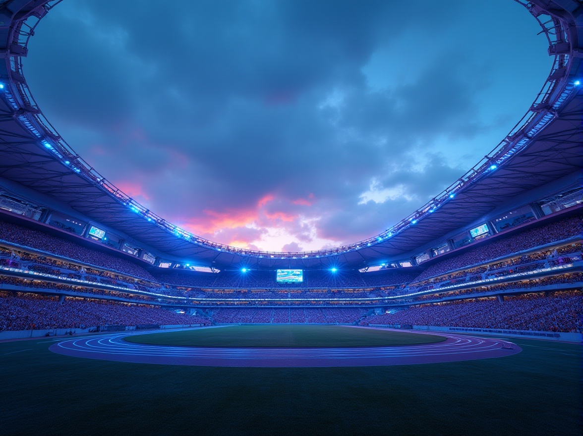 Prompt: Modern stadium, blue violet accents, sleek lines, geometric structure, vibrant LED lights, evening atmosphere, panoramic view, 3/4 composition, soft focus, shallow depth of field, futuristic design, metallic materials, smooth curves, dynamic architecture, athletic track, green grass, cheering crowd, dramatic lighting, HDR, cinematic mood, bold colors.