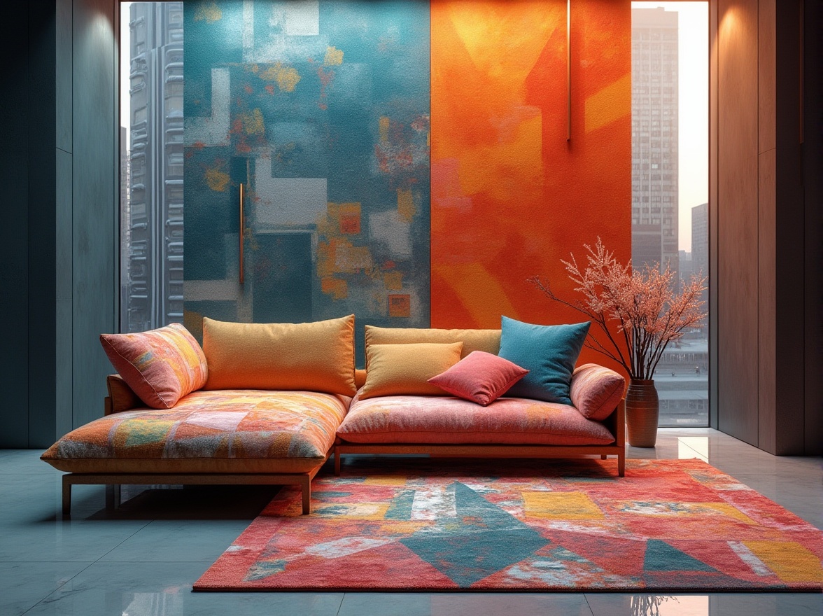 Prompt: Fabric composition, abstract geometric patterns, bold colorful textiles, futuristic urban setting, skyscraper backdrop, modern minimalist interior, sleek metal accents, avant-garde furniture design, experimental architecture, 3D visualizations, dramatic lighting, low-angle shot, cinematic composition, high-contrast colors, matte finish, smooth reflective surfaces.