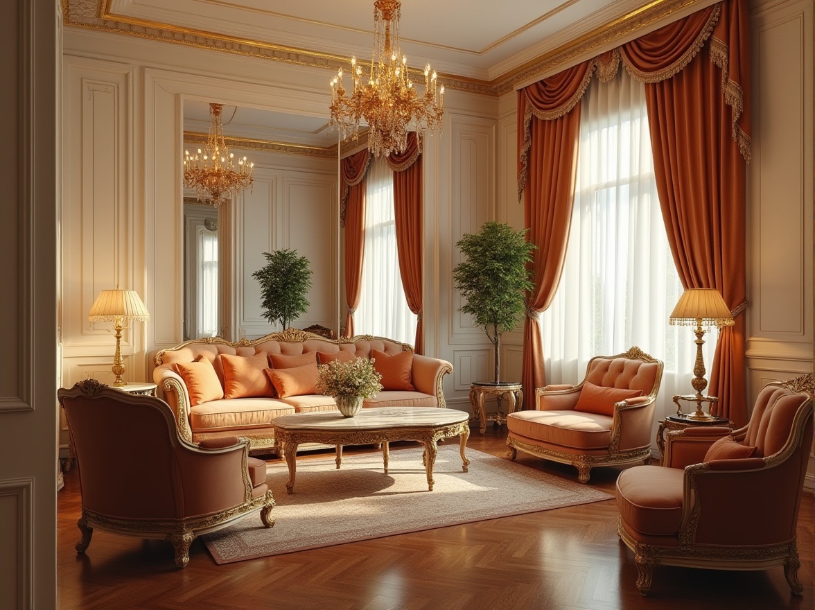 Prompt: Classic spaces, luxurious ambiance, wooden flooring, cream-colored walls, velvet sofas, antique armchairs, ornate coffee tables, marble side tables, golden lamp stands, rich curtains, heavy drapery, regal chandeliers, soft warm lighting, 3/4 composition, close-up of ornate details, warm color palette.