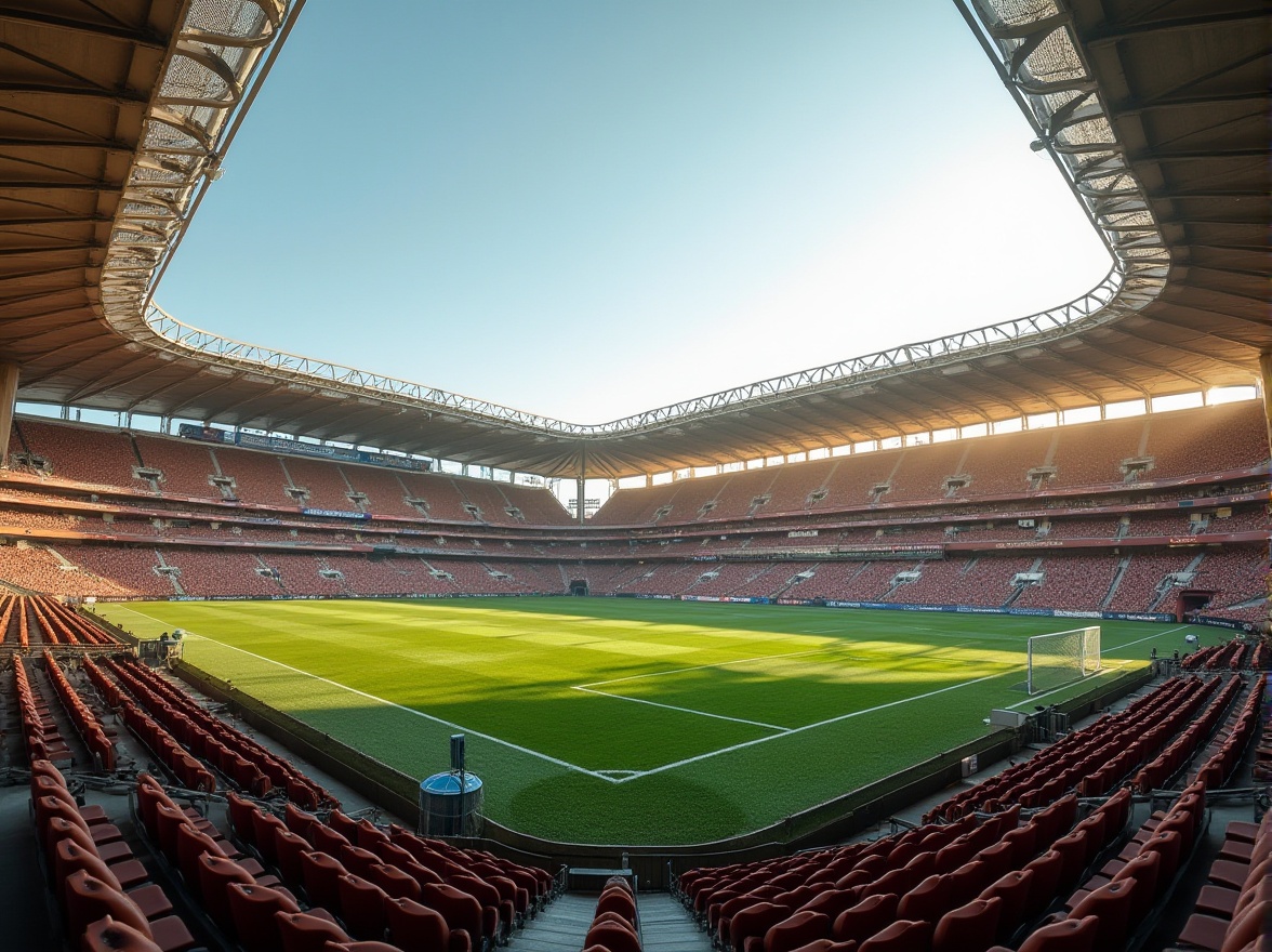 Prompt: Brown stadium, daytime, sunny, clear sky, modern architecture, angular lines, curved roofs, brown concrete walls, glass facades, steel beams, brown leather seats, vibrant green grass, soccer field, goalposts, scoreboard, floodlights, evening atmosphere, warm lighting, low-angle shot, 3/4 composition, depth of field, realistic rendering, high dynamic range.