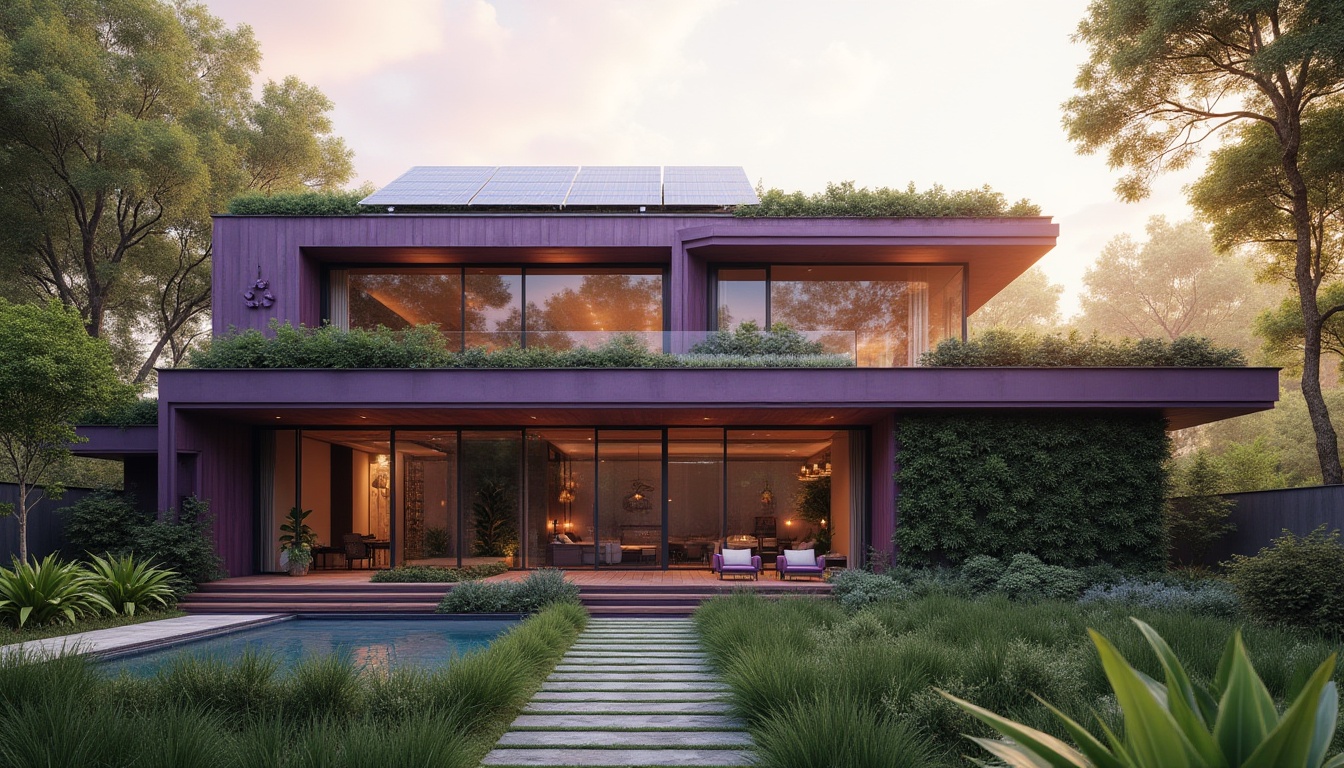 Prompt: Luxurious Amethyst color, sustainable architecture, eco-friendly building, modern villa, large windows, glass facade, green roof, solar panels, recycling symbol, lush greenery, vertical garden, natural light, warm atmosphere, serene ambiance, 3/4 composition, soft focus, shallow depth of field, cinematic lighting, afternoon sun.