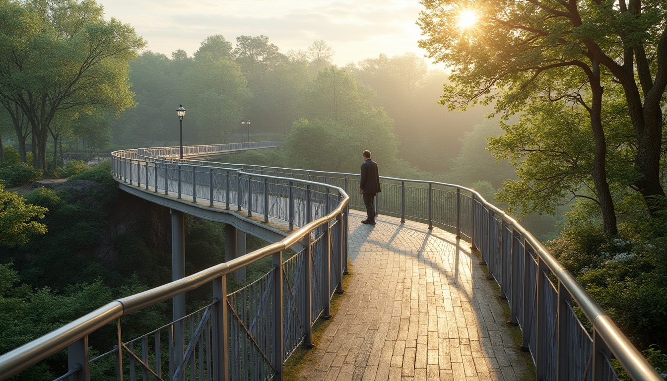 Prompt: Modern pedestrian bridge, curved lines, sleek metal structure, wooden deck, park landscape, serene atmosphere, lush greenery, variety of trees, blooming flowers, winding path, gentle slope, scenic overlook, panoramic view, warm sunlight, soft shadows, morning mist, tranquil ambiance, 3/4 composition, cinematic lighting, high-angle shot, emphasizing the bridge's curves.