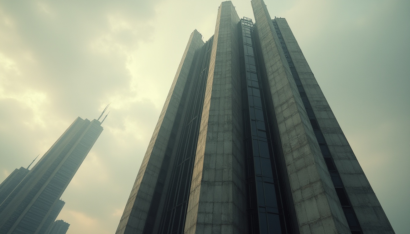 Prompt: Brutalist skyscraper, futuristic urban landscape, concrete fortress-like structure, rugged geometric shapes, exposed ductwork, raw industrial materials, dramatic angular lines, imposing scale, towering height, cityscape panorama, metropolitan atmosphere, cloudy grey sky, warm golden lighting, strong contrast, cinematic composition, low-angle shot, symmetrical framing.