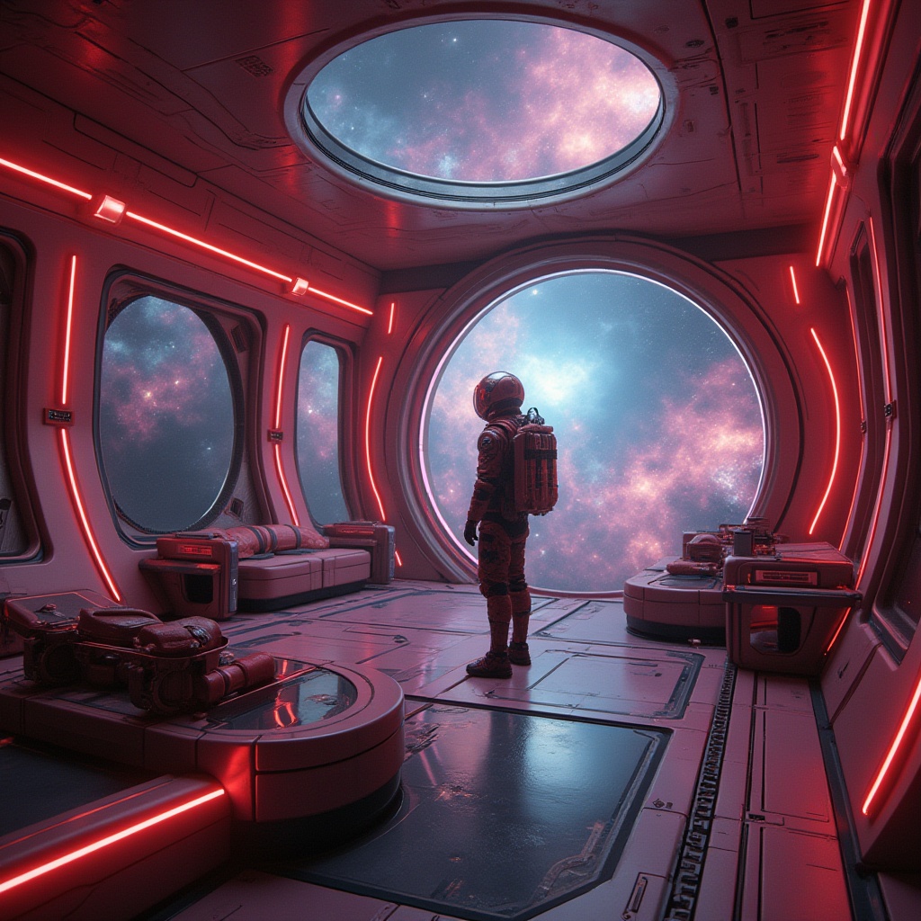 Prompt: Futuristic space station, maroon colored accents, neon lights, metallic walls, sleek lines, minimalist decor, holographic projections, zero gravity environment, astronaut in futuristic suit, maroon helmet, oxygen tank on back, futuristic gadgets, high-tech laboratory equipment, spherical observation deck, galaxy view, nebula-inspired wallpaper, ambient electronic music, soft focus, cinematic lighting, 3/4 composition.