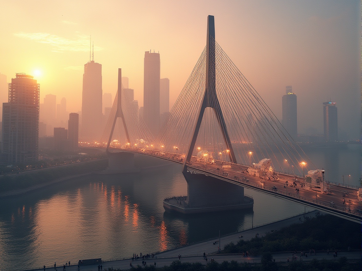 Prompt: Modern bridge, innovative design, incorporating fabrics, suspension cables wrapped in translucent mesh fabric, intricate details, metallic structure, urban cityscape, sunset lighting, dramatic shadows, misty atmosphere, water reflections, river flowing beneath, pedestrians walking, dynamic composition, high-angle shot, futuristic feel, cinematic mood, warm color tone.