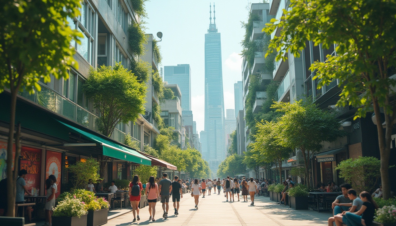 Prompt: Urban landscape, light green accents, modern skyscrapers, sleek glass buildings, lush greenery, vertical gardens, vibrant street art, trendy cafes, bustling streets, city life, young adults, casual wear, sneakers, backpacks, smartphones, warm sunny day, soft natural lighting, shallow depth of field, cinematic composition, 3/4 view.