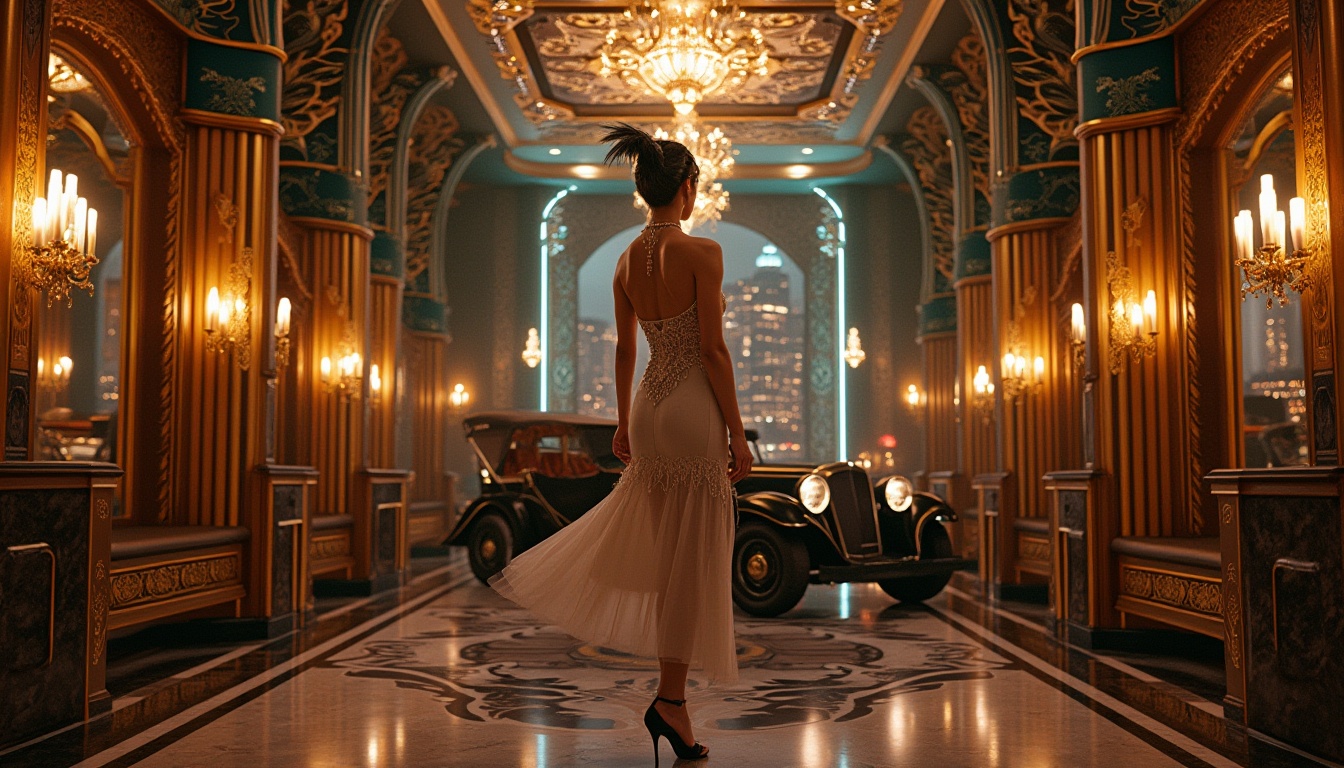 Prompt: Art Deco inspired, luxurious, metallic colors, geometric patterns, ornate details, bold lines, glamorous woman, 1920s fashion, flapper dress, feather headband, pearl necklace, high heels, cityscape, skyscraper, neon lights, vintage car, ornate mirrors, marble floor, lavish interior, warm golden lighting, low-angle shot, cinematic composition.