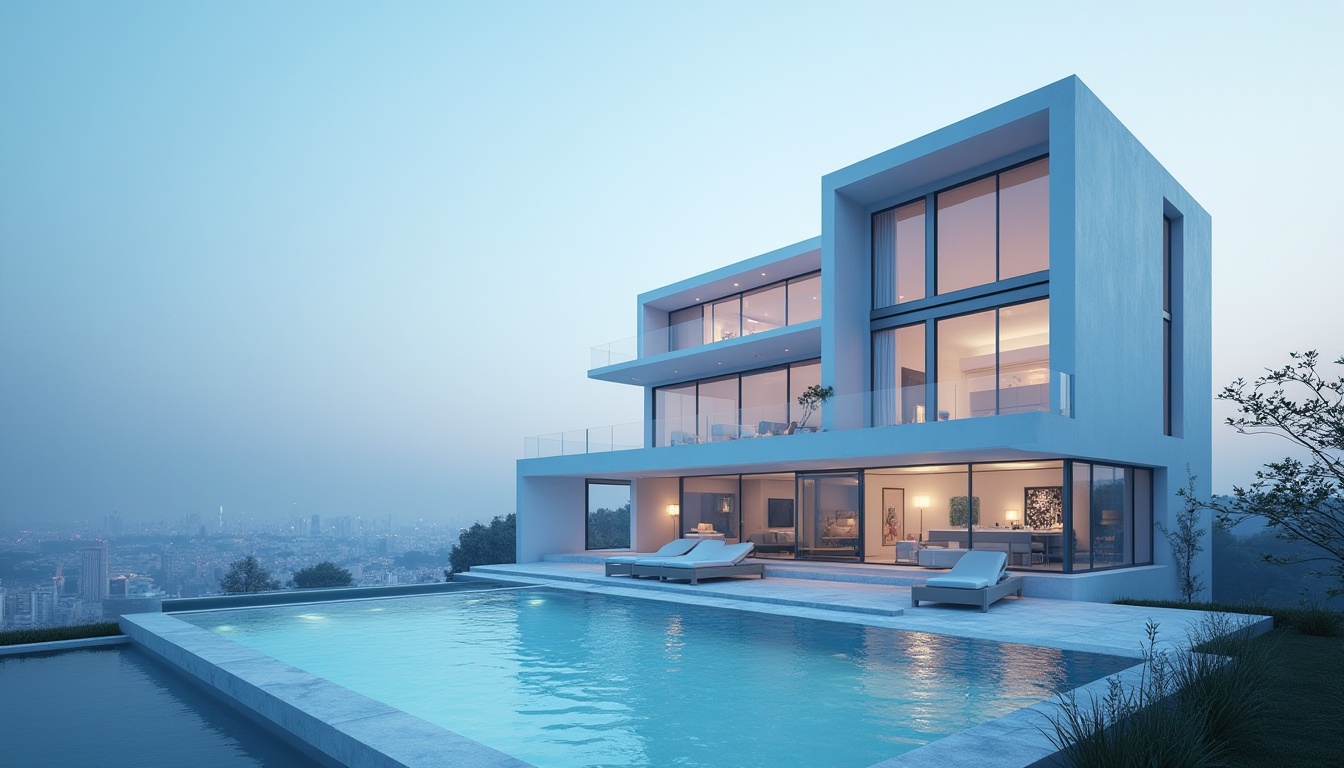 Prompt: Powder blue, modern architecture, skyscraper, villa, residential, urban landscape, cityscape, abstract composition, geometric shapes, clean lines, minimalist design, glass facade, steel structure, sleek columns, rounded edges, soft focus, ambient lighting, panoramic view, 3/4 composition, warm atmosphere, futuristic feel, calm mood, peaceful ambiance.