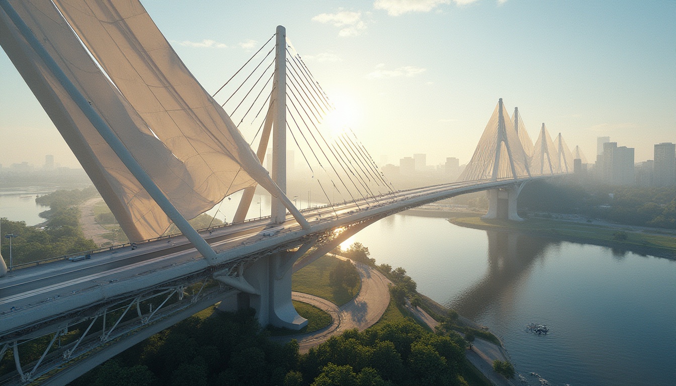 Prompt: Modern suspension bridge, incorporating fabrics, innovative design, urban landscape, cityscape, steel pillars, cables, woven fabric material, textile patterns, intricate details, natural light, soft shadows, morning mist, gentle breeze, river flowing underneath, serene atmosphere, 3/4 composition, cinematic lighting, high-angle shot.