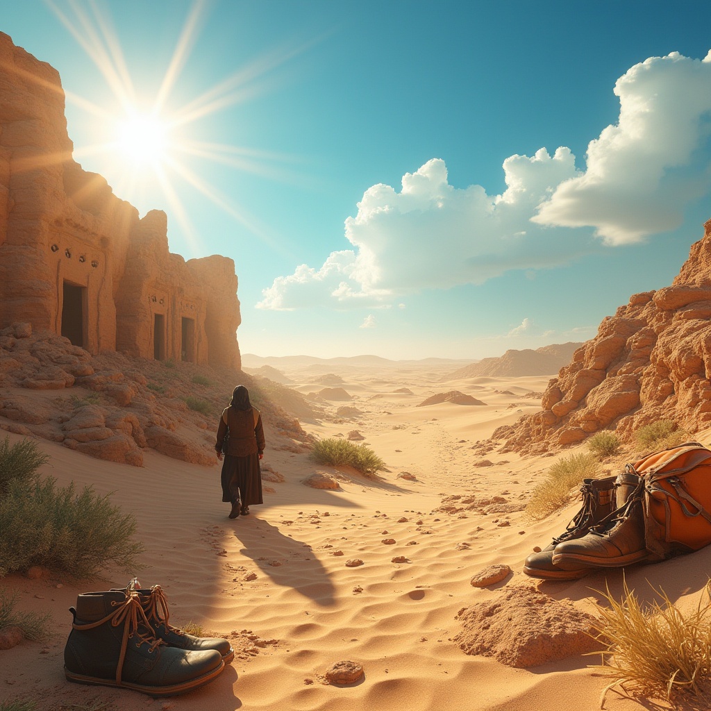 Prompt: Desert landscape, vast sand dunes, clear blue sky, hot sun, sandy terrain, cacti scattered, rocky formations, abandoned old ruins, mysterious ancient artifacts, worn leather boots, traveler's backpack, water bottle, desert nomad costume, Middle Eastern-inspired architecture, intricate tile patterns, Arabic calligraphy, warm golden lighting, dramatic shadows, 3/4 composition, cinematic atmosphere.