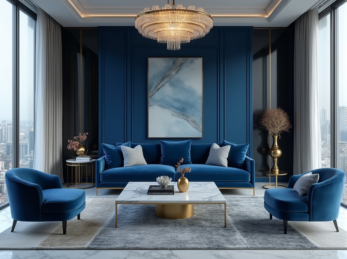 Prompt: Luxurious modern interior, sapphire blue accent wall, velvet sofa, golden metal frame, marble coffee table, crystal chandelier, floor-to-ceiling windows, city skyline view, daytime, soft natural light, 3/4 composition, shallow depth of field, elegant atmosphere, high-end living room, luxurious fabric, smooth texture.