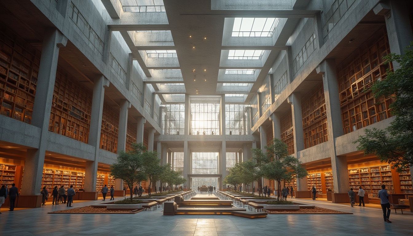 Prompt: Modern library, structuralism style, grand atrium, high ceilings, geometric shapes, clean lines, minimal ornamentation, industrial materials, steel beams, concrete columns, wooden accents, natural light pouring through skylights, urban background, cityscape, busy streets, people walking by, trees lining the sidewalk, evening atmosphere, warm lighting, 3/4 composition, symmetrical framing, low-angle shot.