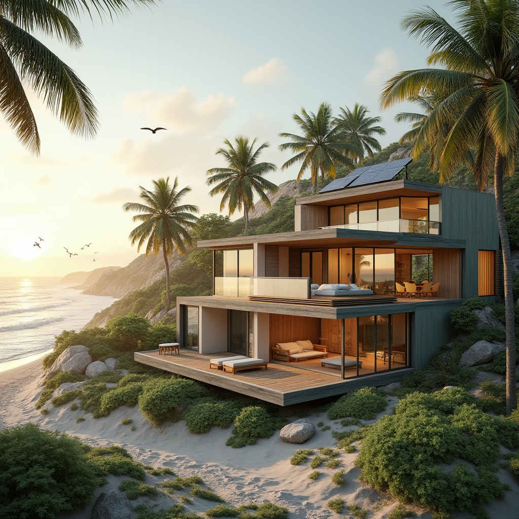 Prompt: Coastal architecture, modern villa, eco-friendly design, solar panels on roof, green walls, large windows, natural ventilation, recyclable materials, wooden accents, minimalist interior, beachside location, sunset view, palm trees swaying gently, sandy dunes in background, calm ocean waves crashing, seagulls flying overhead, warm ambient lighting, soft focus, 3/4 composition, shallow depth of field.