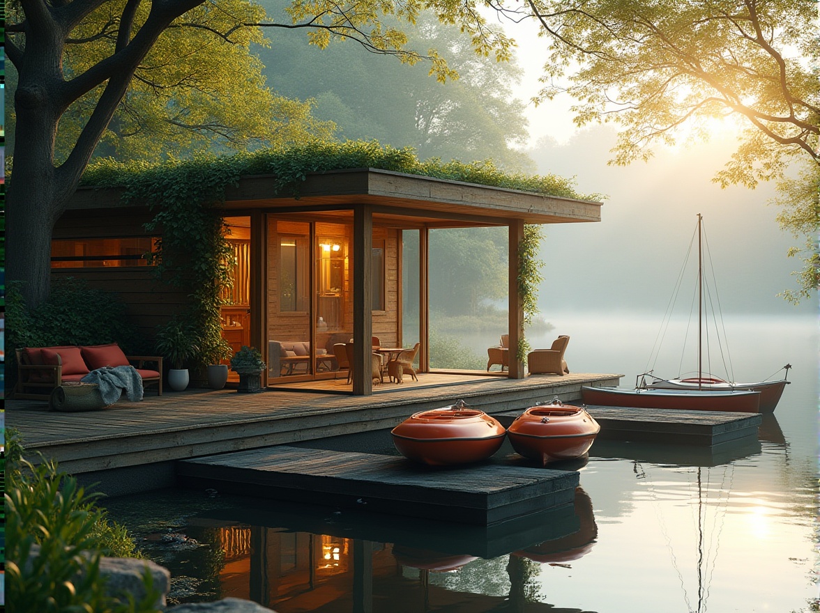 Prompt: Waterfront boathouse, modern architecture, wooden structure, large windows, sliding glass doors, natural materials, vines crawling up walls, lush greenery surrounding, tranquil lake view, misty morning atmosphere, warm sunlight filtering through trees, rustic wooden dock, sailboats and kayaks parked, gentle lapping of water against shore, overhanging branches reflecting in calm water, soft focus, shallow depth of field, warm color tone, natural ambiance.