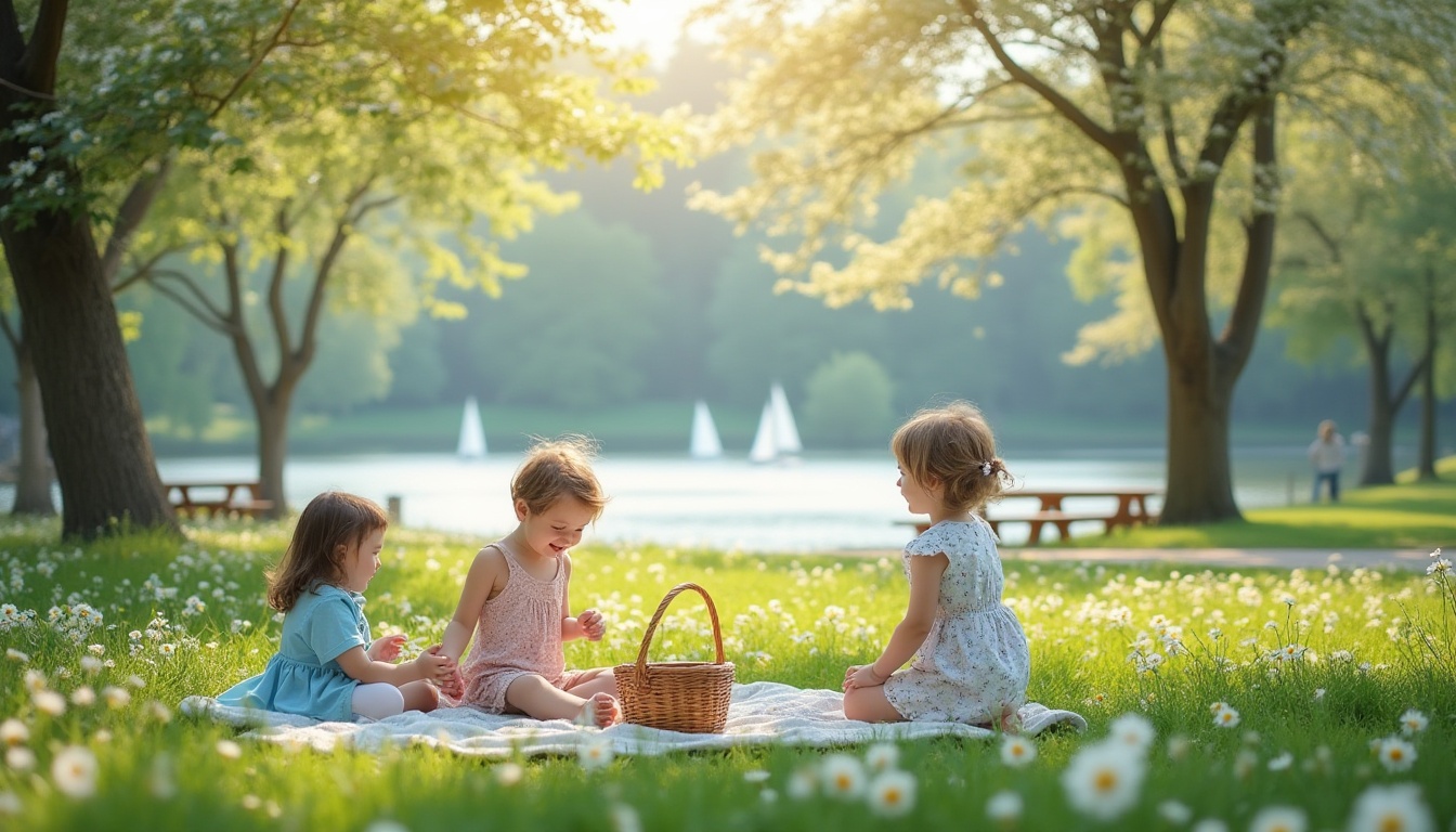 Prompt: Light blue accents, vibrant flowers, lush green grass, serene park atmosphere, sunny afternoon, gentle breeze, children playing, laughing, joyful moments, picnic blanket, wicker basket, soft focus background, natural light, warm colors, wooden benches, walking paths, blooming trees, scenic lake views, sailboats, calm waters, subtle ripples, peaceful ambiance, panoramic view, shallow depth of field.