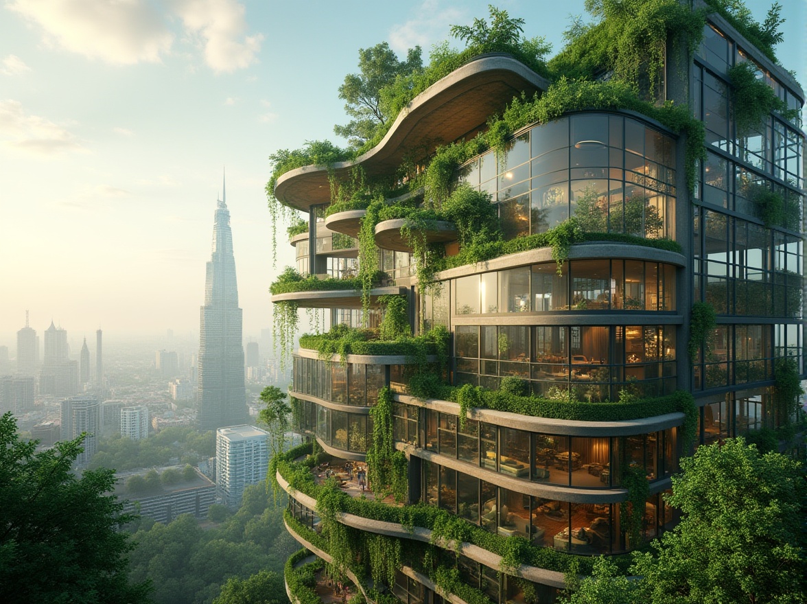 Prompt: Green building, futuristic, eco-friendly, modern architecture, urban skyscraper, cityscape, glass facade, steel frame, green roof, lush vegetation, hanging gardens, natural light, energy-efficient, sustainable design, minimalist interior, wooden accents, floor-to-ceiling windows, panoramic view, 3/4 composition, warm ambient lighting, cinematic mood.