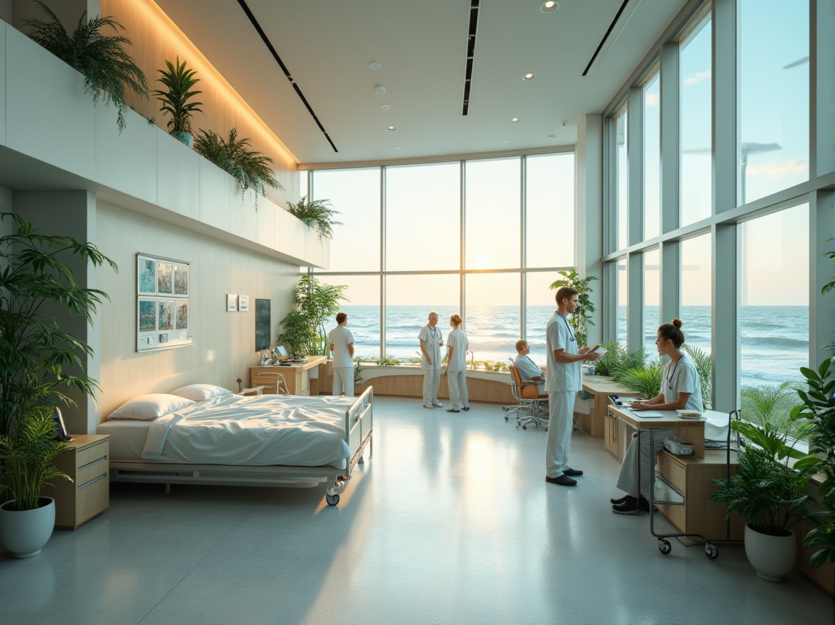 Prompt: Coastal hospital, modern architecture, large windows, ocean view, recyclable materials, energy-efficient equipment, green roof, solar panels, wind turbines, eco-friendly furniture, minimal waste, sustainable decor, calming colors, natural light, open spaces, collaborative workspaces, patient-centered care, medical staff in scrubs, stethoscopes around necks, gentle sea breeze, sound of waves, serene atmosphere, warm lighting, soft shadows, 3/4 composition, shallow depth of field, cinematic mood.