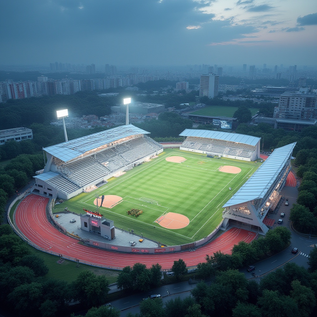 Prompt: Modern stadium, polyethylene material, translucent roofing, durable seating, artificial turf, white and bright colors, evening game, floodlight, panoramic view, 3/4 composition, softbox lighting, athletic tracks, scoreboard, stadium seats, rails, staircases, corridors, VIP rooms, locker rooms, showers, toilets, underground parking, surrounding trees, cityscape.